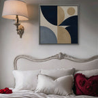 Navy and Tan Geometry Canvas Art - Square – Silver Floating Frame in room setting