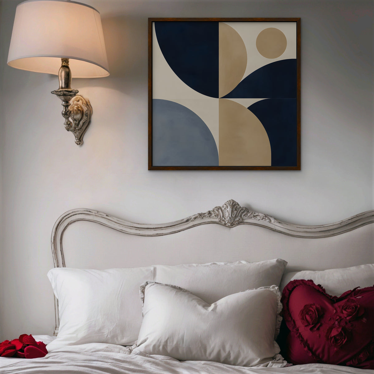 Navy and Tan Geometry Canvas Art - Square – Walnut Floating Frame in room setting