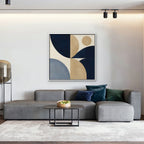 Navy and Tan Geometry Canvas Art - Square – White Floating Frame in room setting