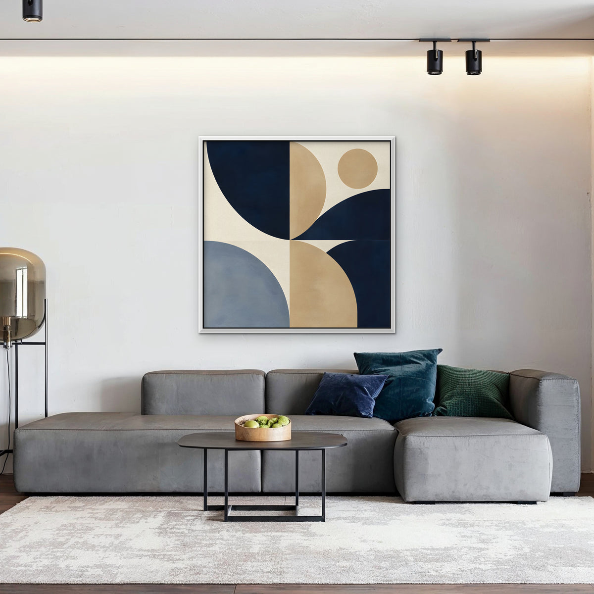 Navy and Tan Geometry Canvas Art - Square – White Floating Frame in room setting