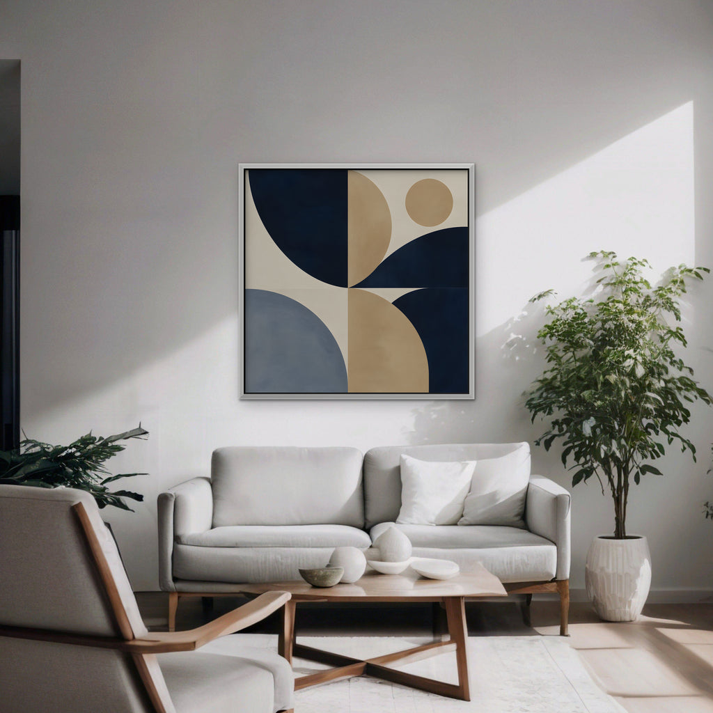 Navy and Tan Geometry Canvas Art - Square – White Floating Frame in room setting