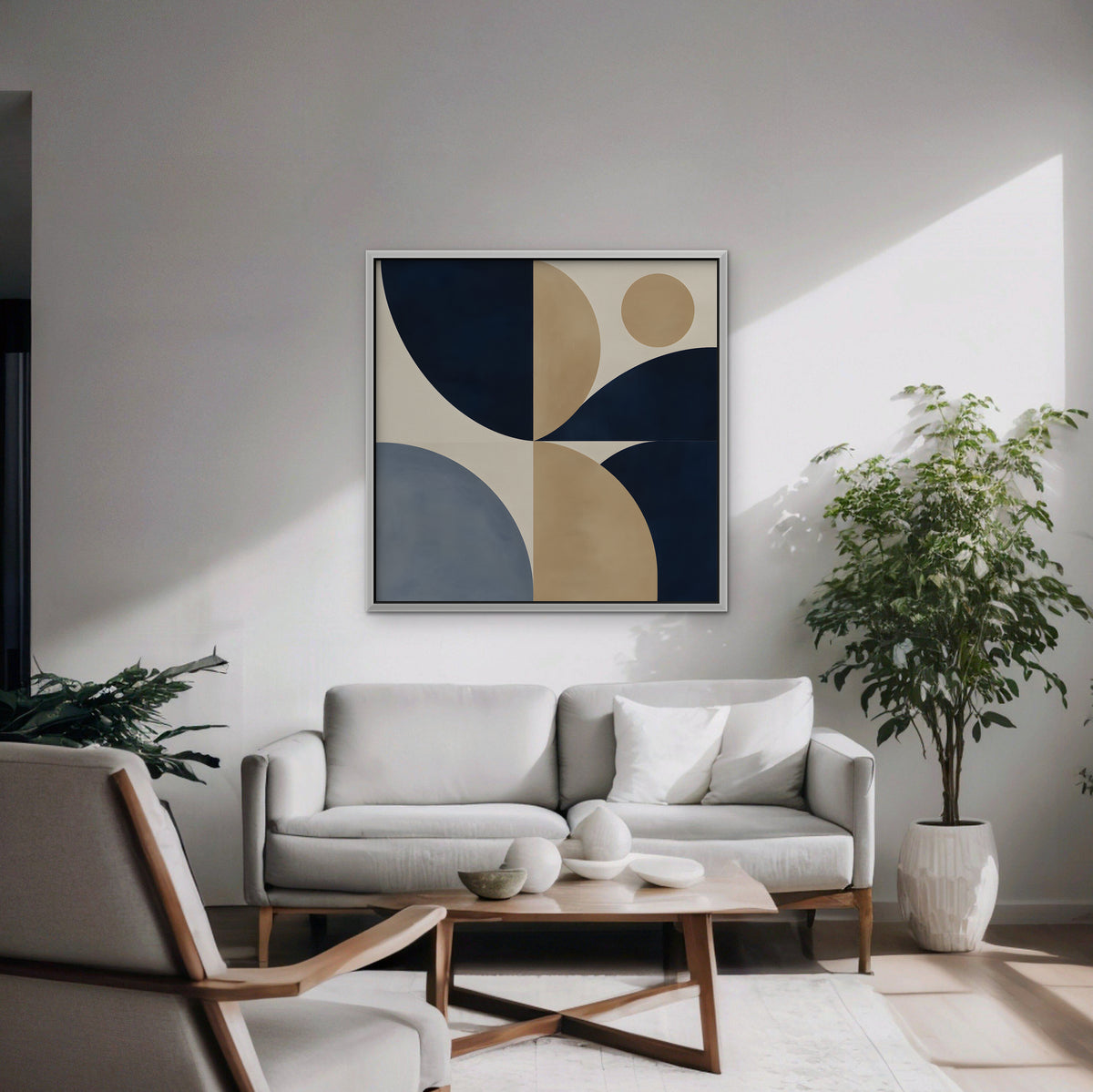 Navy and Tan Geometry Canvas Art - Square – White Floating Frame in room setting