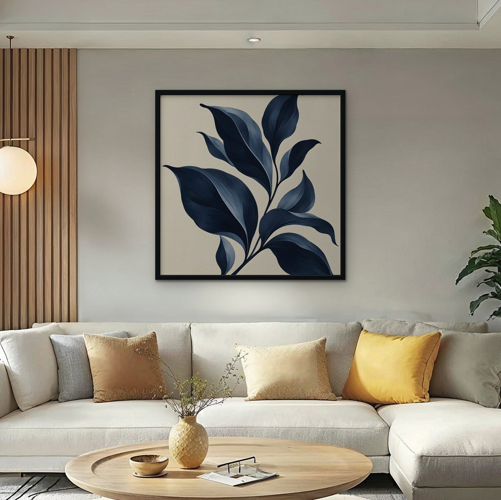 Navy Botanical Canvas Art - Square – Black Floating Frame in room setting