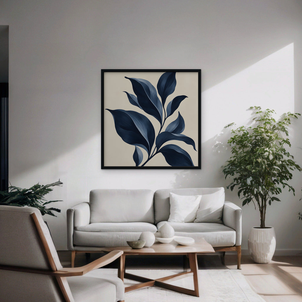 Navy Botanical Canvas Art - Square – Black Floating Frame in room setting