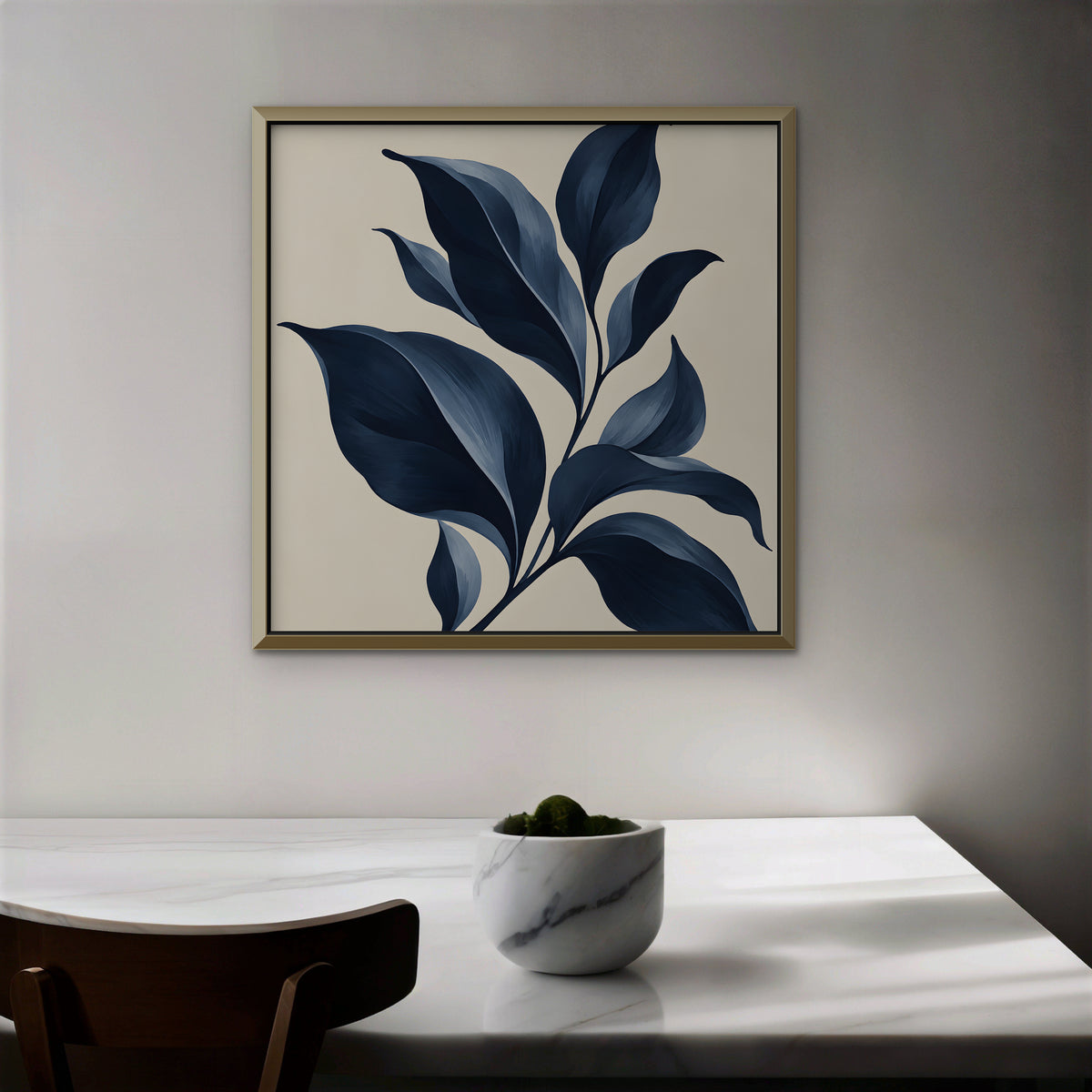 Navy Botanical Canvas Art - Square – Gold Floating Frame in room setting