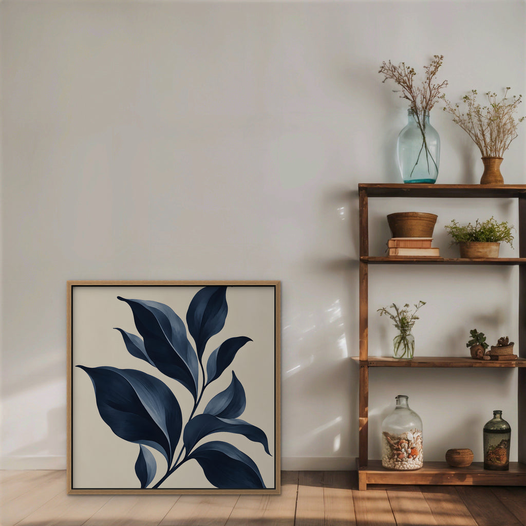 Navy Botanical Canvas Art - Square – Oak Floating Frame in room setting