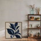 Navy Botanical Canvas Art - Square – Oak Floating Frame in room setting