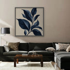 Navy Botanical Canvas Art - Square – Silver Floating Frame in room setting
