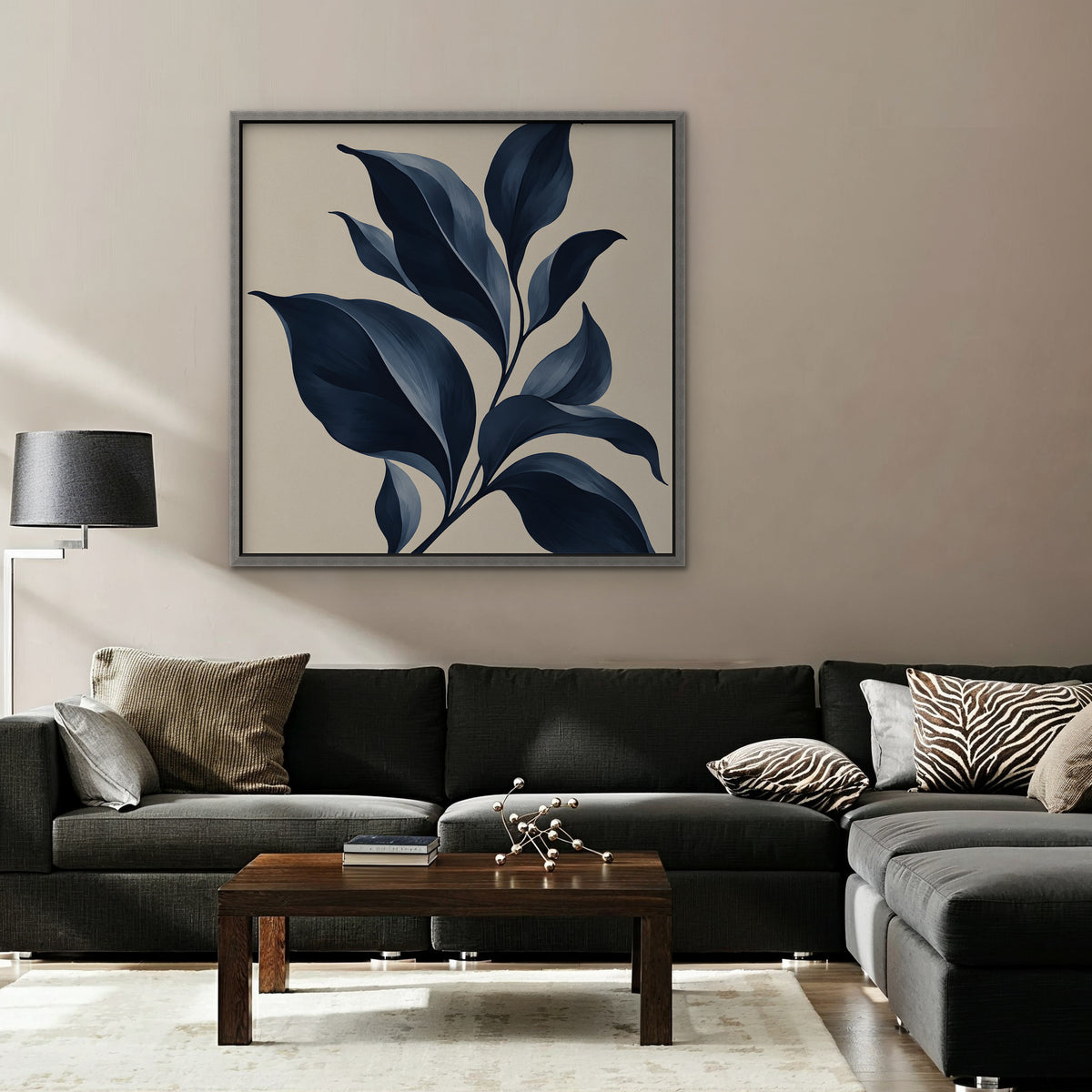 Navy Botanical Canvas Art - Square – Silver Floating Frame in room setting