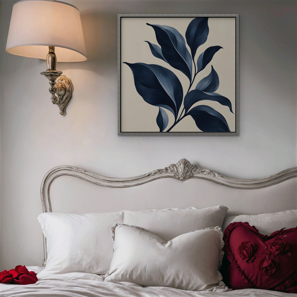 Navy Botanical Canvas Art - Square – Silver Floating Frame in room setting