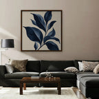 Navy Botanical Canvas Art - Square – Walnut Floating Frame in room setting