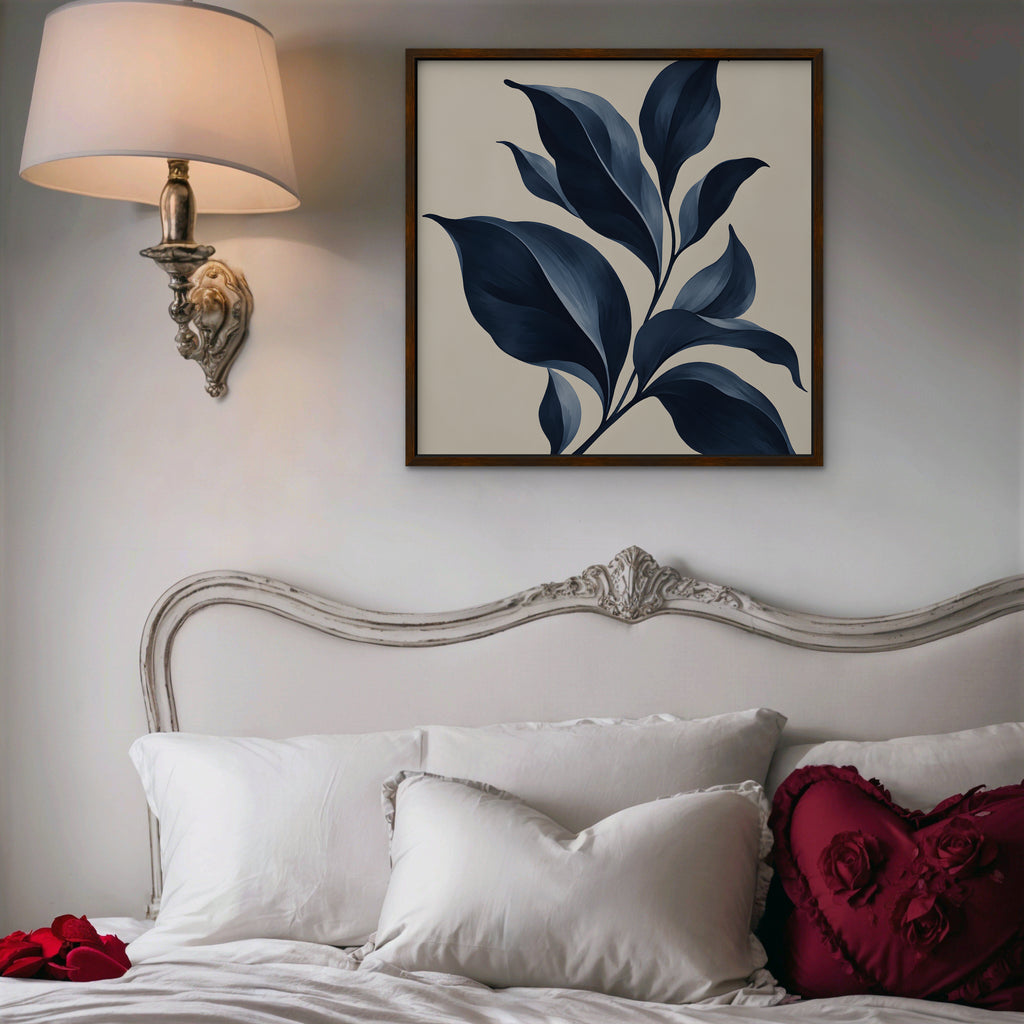 Navy Botanical Canvas Art - Square – Walnut Floating Frame in room setting