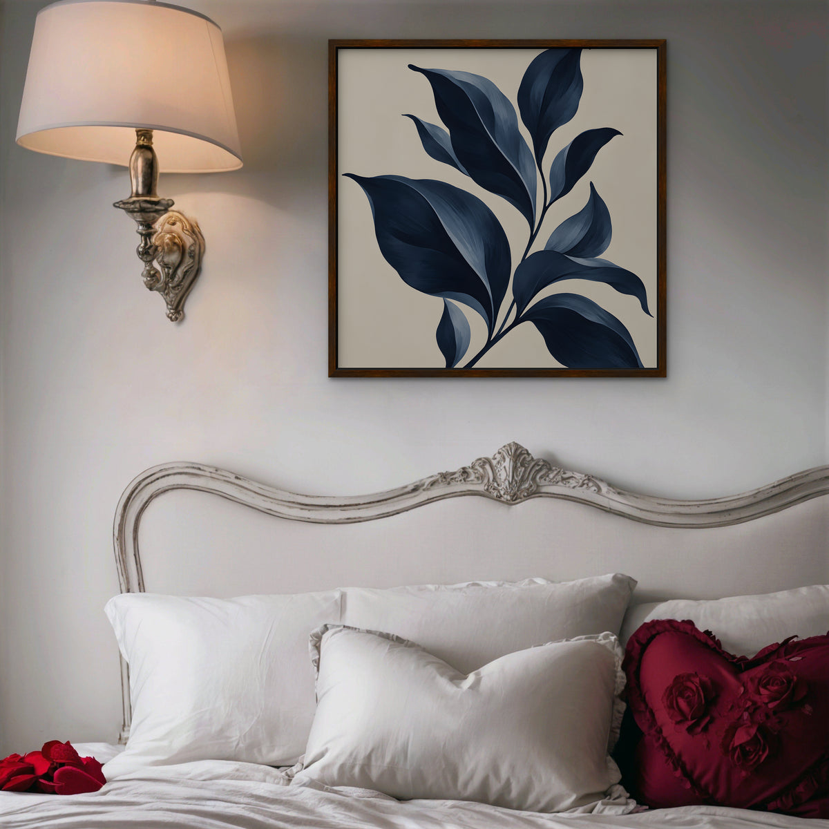 Navy Botanical Canvas Art - Square – Walnut Floating Frame in room setting