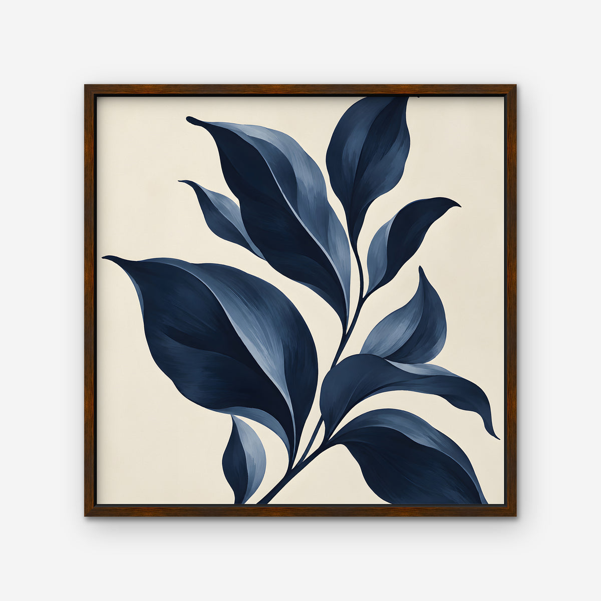 Navy Botanical Canvas Art - Square – Walnut Floating Frame on white background
