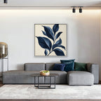 Navy Botanical Canvas Art - Square – White Floating Frame in room setting