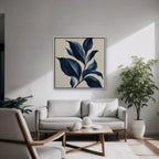 Navy Botanical Canvas Art - Square – White Floating Frame in room setting