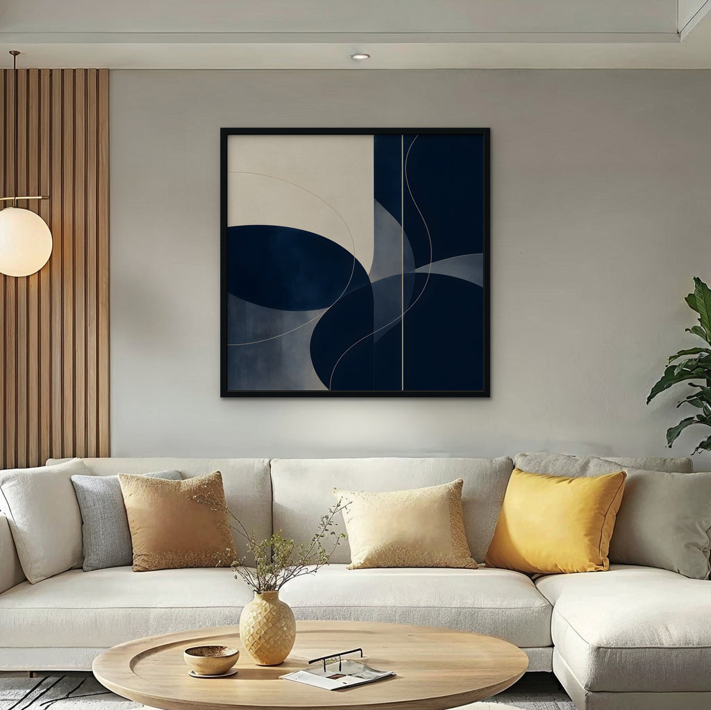 Navy Circles Canvas Art - Square – Black Floating Frame in room setting