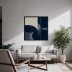 Navy Circles Canvas Art - Square – Black Floating Frame in room setting