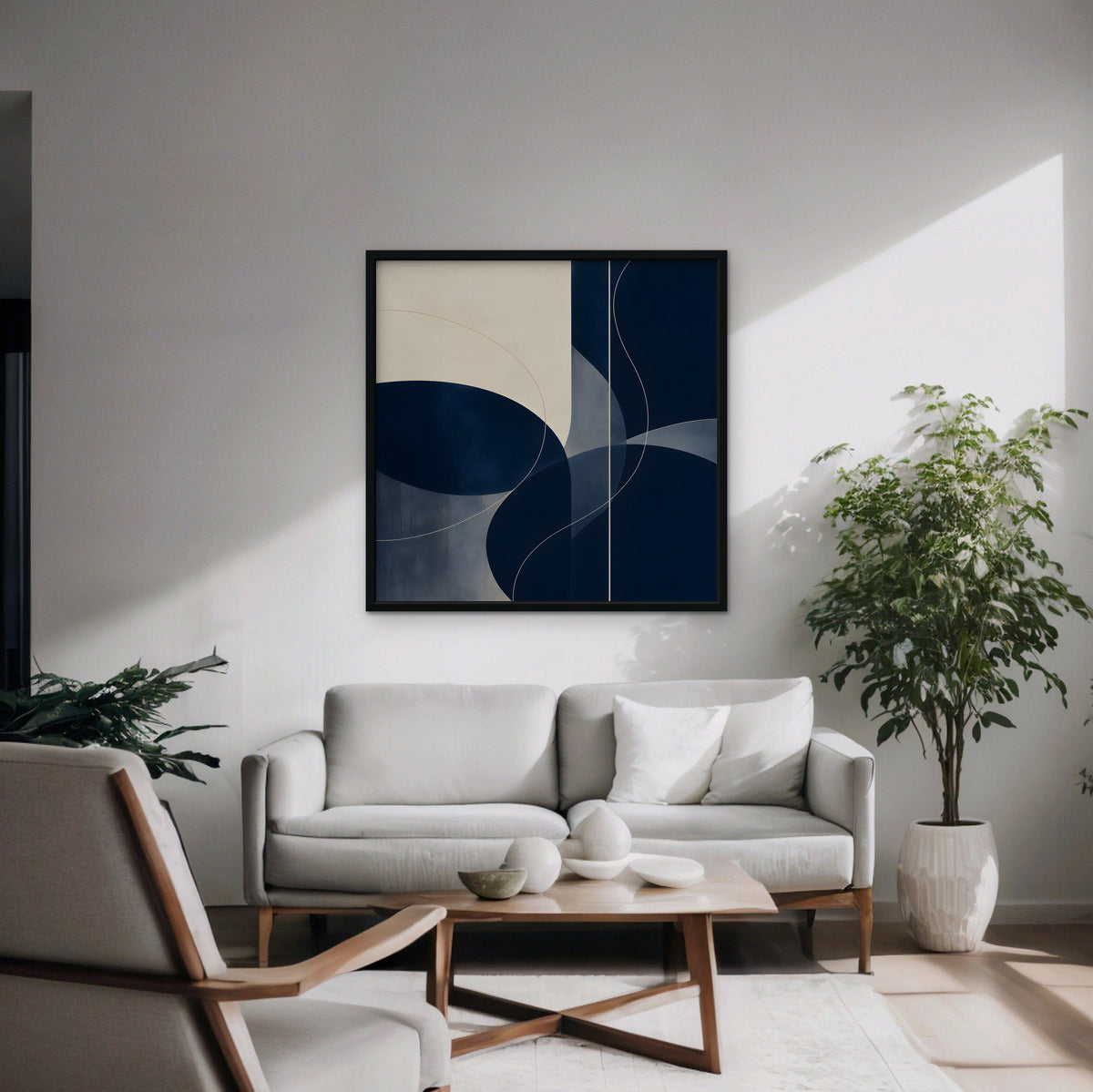 Navy Circles Canvas Art - Square – Black Floating Frame in room setting
