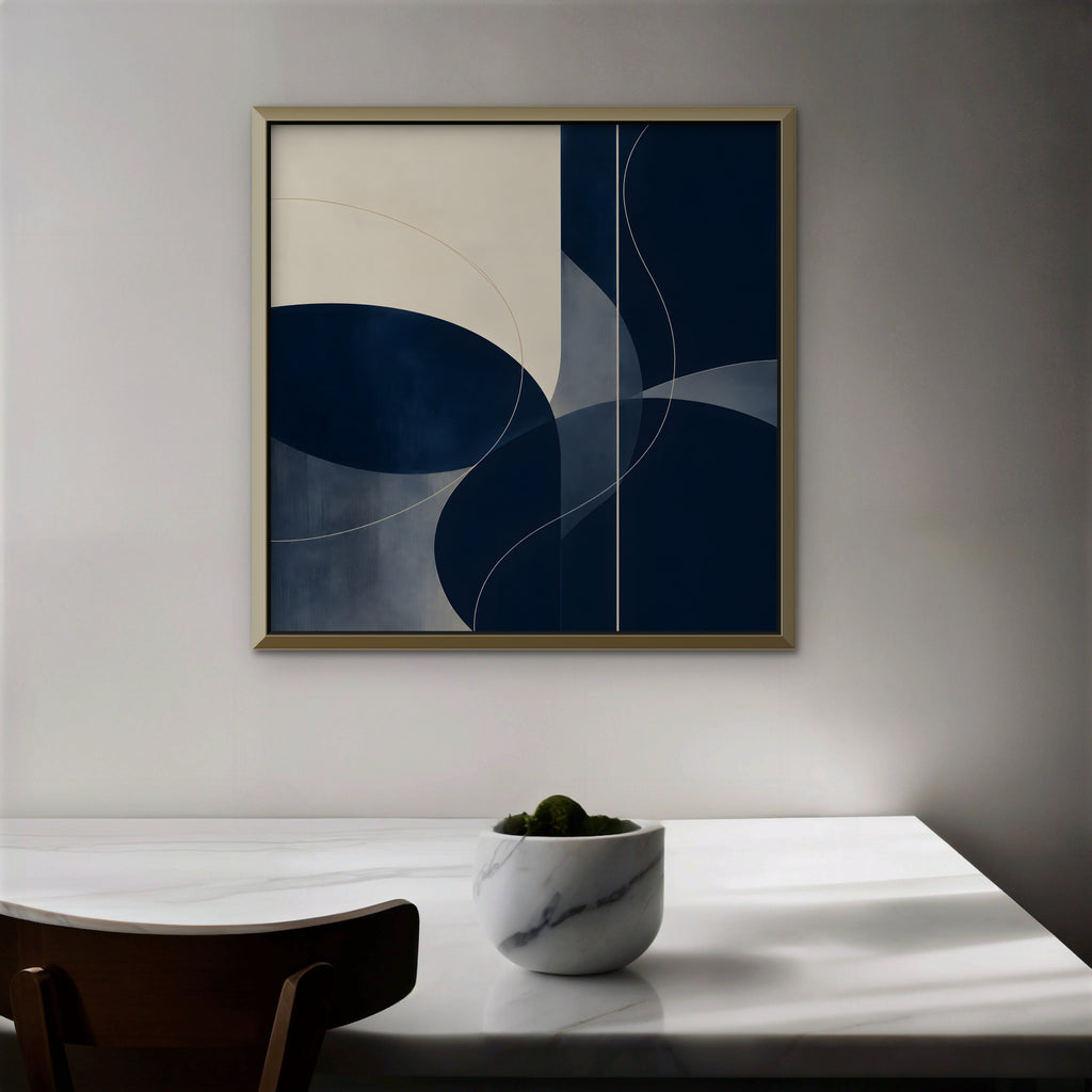 Navy Circles Canvas Art - Square – Gold Floating Frame in room setting