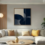 Navy Circles Canvas Art - Square – Oak Floating Frame in room setting