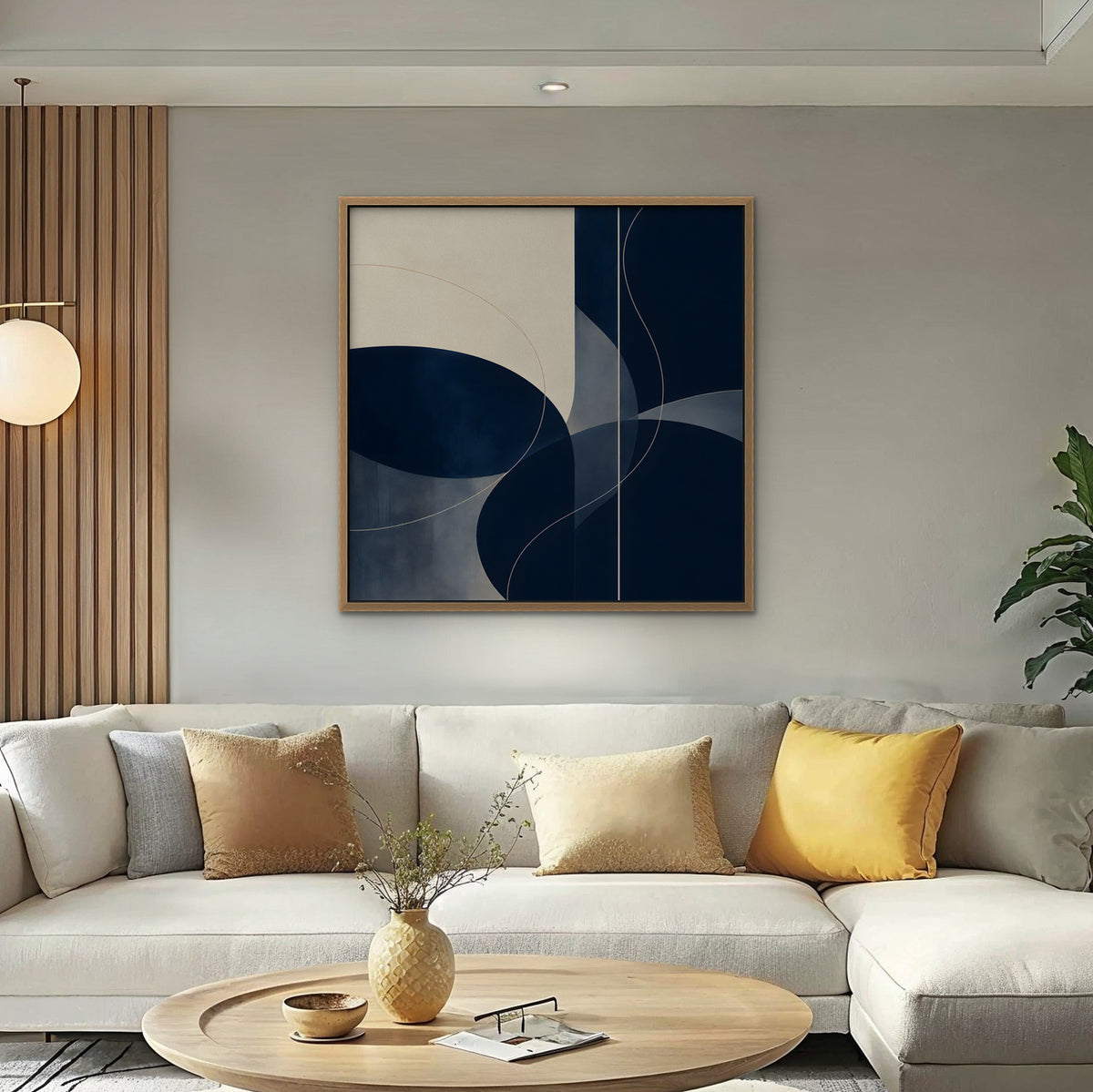 Navy Circles Canvas Art - Square – Oak Floating Frame in room setting