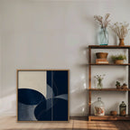 Navy Circles Canvas Art - Square – Oak Floating Frame in room setting