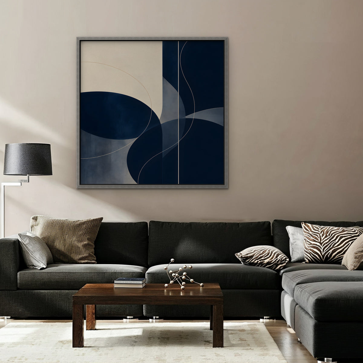 Navy Circles Canvas Art - Square – Silver Floating Frame in room setting