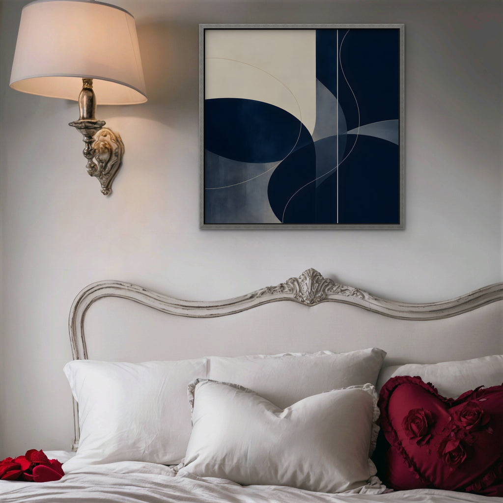 Navy Circles Canvas Art - Square – Silver Floating Frame in room setting