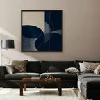 Navy Circles Canvas Art - Square – Walnut Floating Frame in room setting