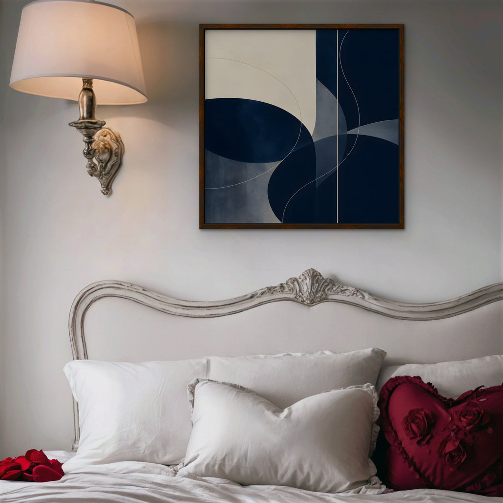 Navy Circles Canvas Art - Square – Walnut Floating Frame in room setting