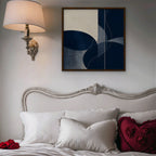 Navy Circles Canvas Art - Square – Walnut Floating Frame in room setting
