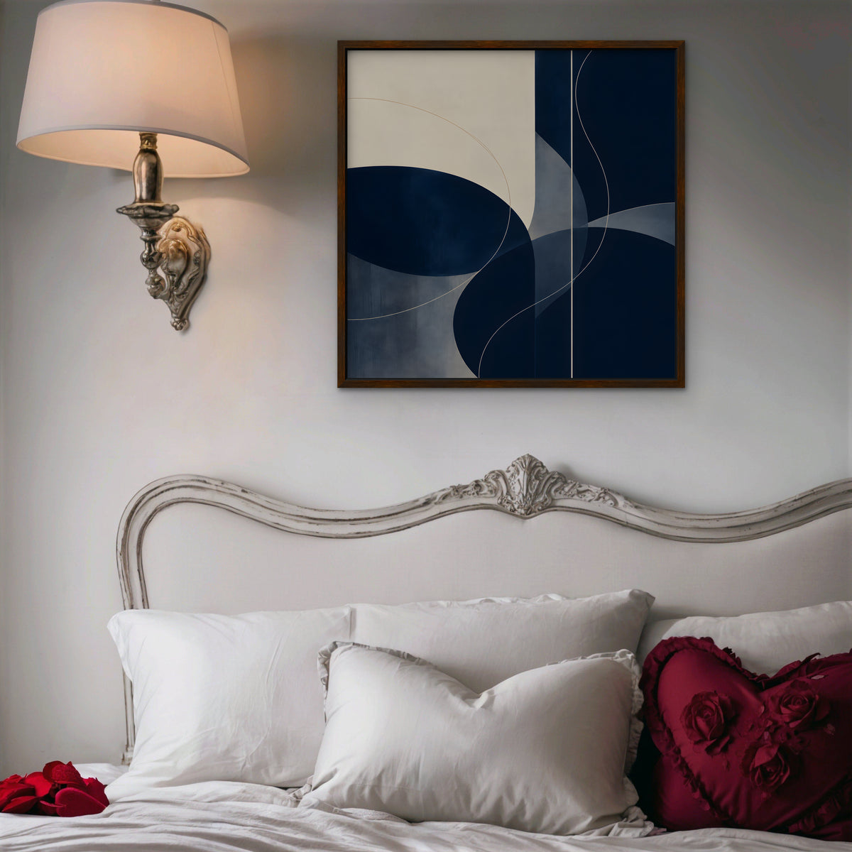 Navy Circles Canvas Art - Square – Walnut Floating Frame in room setting