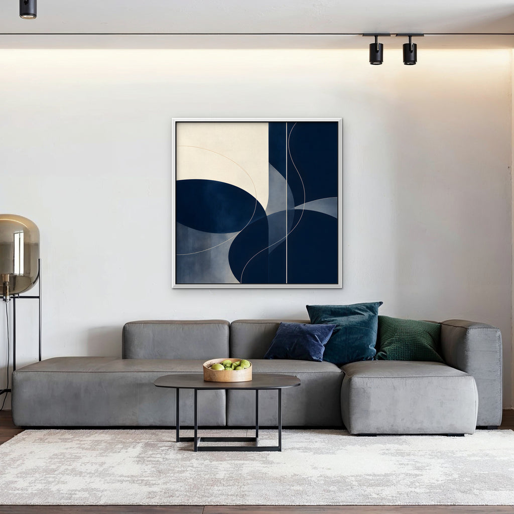 Navy Circles Canvas Art - Square – White Floating Frame in room setting