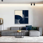 Navy Circles Canvas Art - Square – White Floating Frame in room setting