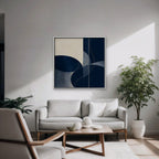 Navy Circles Canvas Art - Square – White Floating Frame in room setting