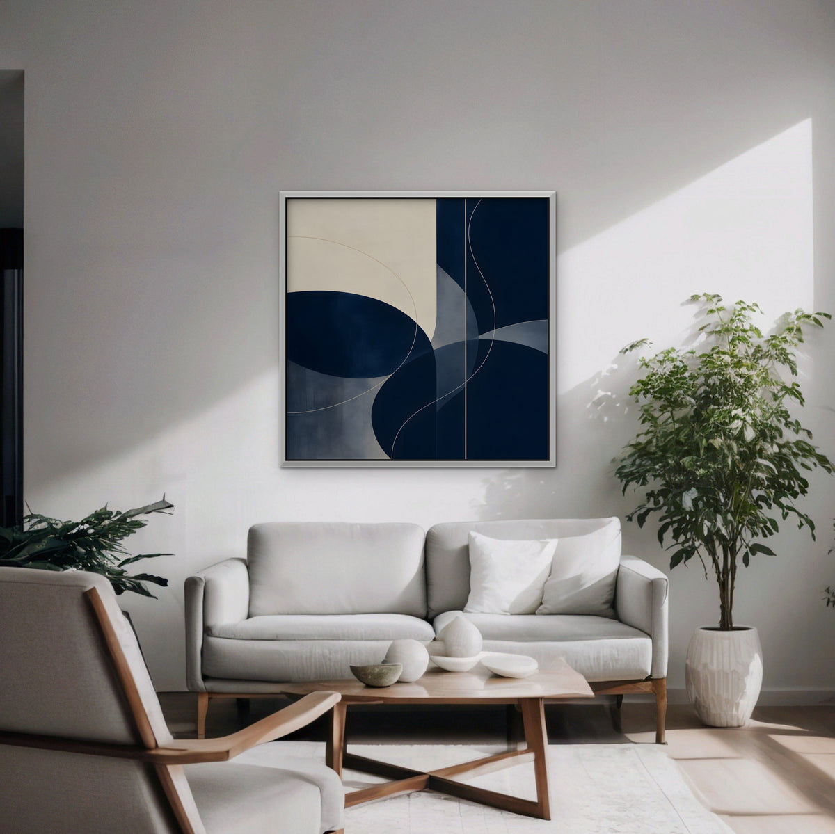 Navy Circles Canvas Art - Square – White Floating Frame in room setting