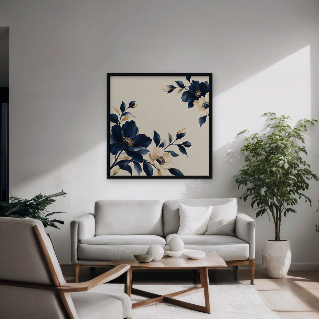 Navy Cream Blossoms Canvas Art - Square – Black Floating Frame in room setting