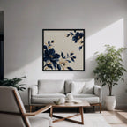 Navy Cream Blossoms Canvas Art - Square – Black Floating Frame in room setting