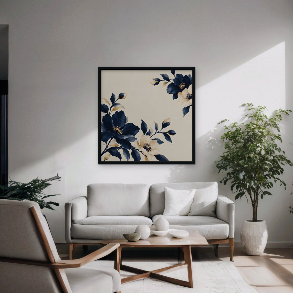 Navy Cream Blossoms Canvas Art - Square – Black Floating Frame in room setting