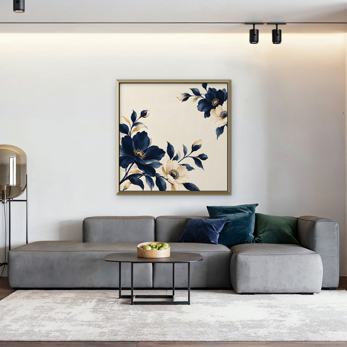 Navy Cream Blossoms Canvas Art - Square – Gold Floating Frame in room setting