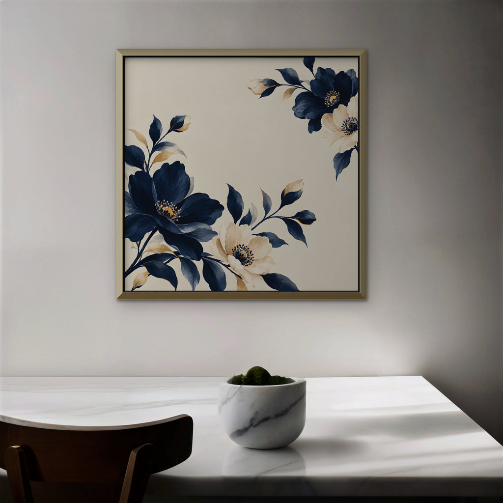 Navy Cream Blossoms Canvas Art - Square – Gold Floating Frame in room setting