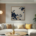 Navy Cream Blossoms Canvas Art - Square – Oak Floating Frame in room setting