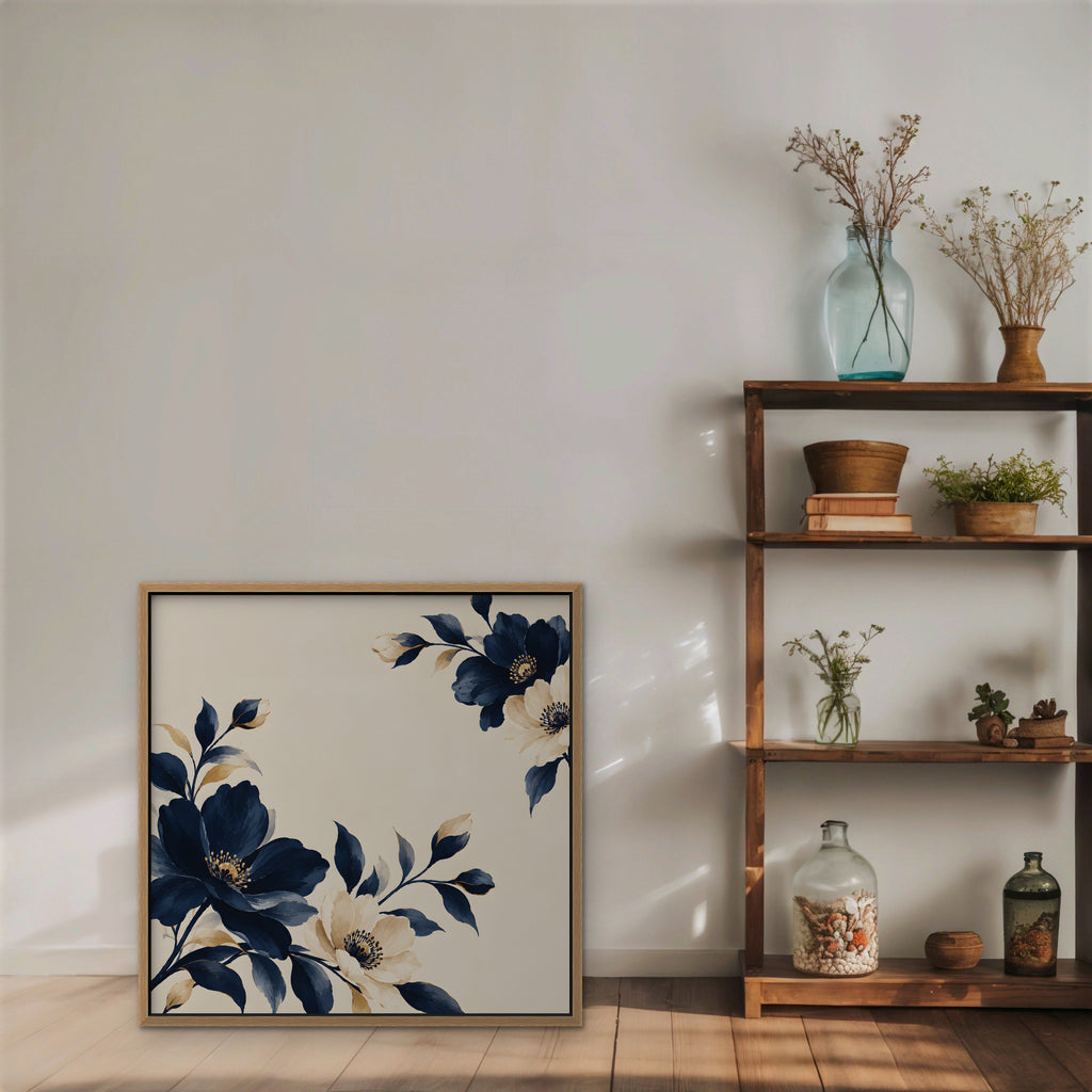 Navy Cream Blossoms Canvas Art - Square – Oak Floating Frame in room setting