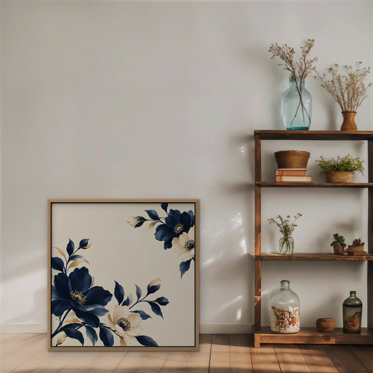 Navy Cream Blossoms Canvas Art - Square – Oak Floating Frame in room setting