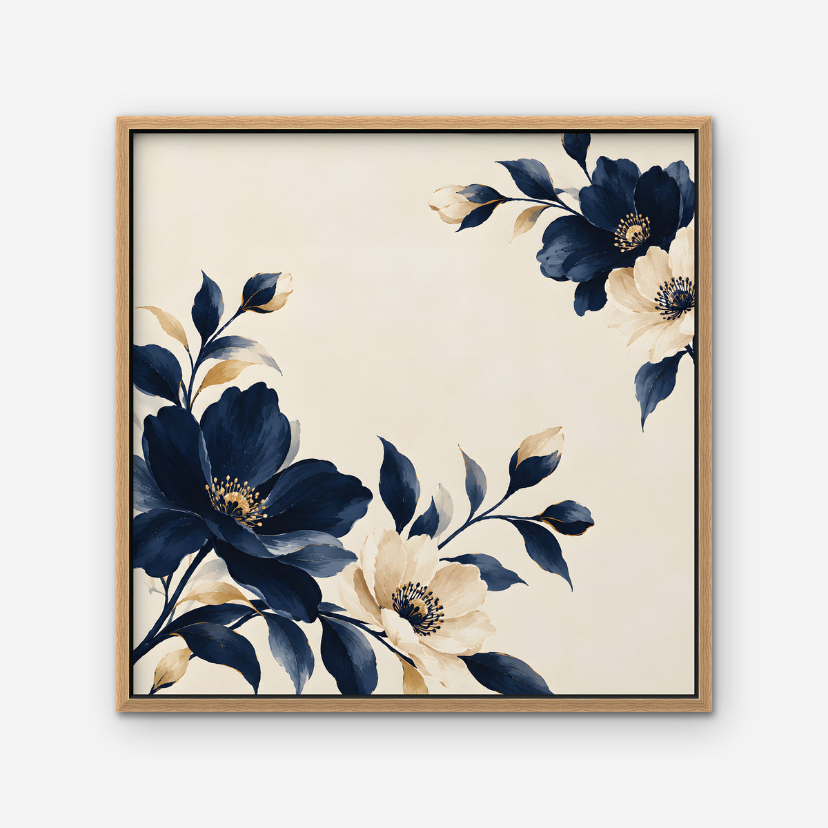 Navy Cream Blossoms Canvas Art - Square – Oak Floating Frame on white background