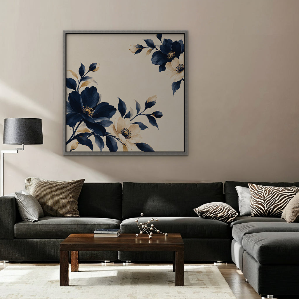 Navy Cream Blossoms Canvas Art - Square – Silver Floating Frame in room setting