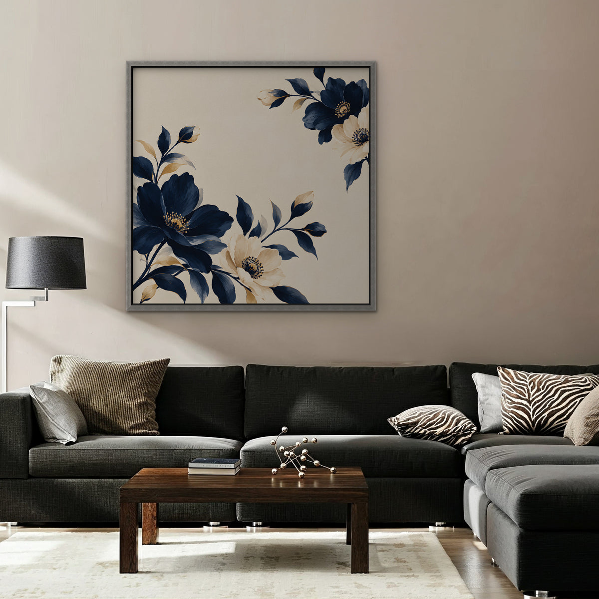Navy Cream Blossoms Canvas Art - Square – Silver Floating Frame in room setting