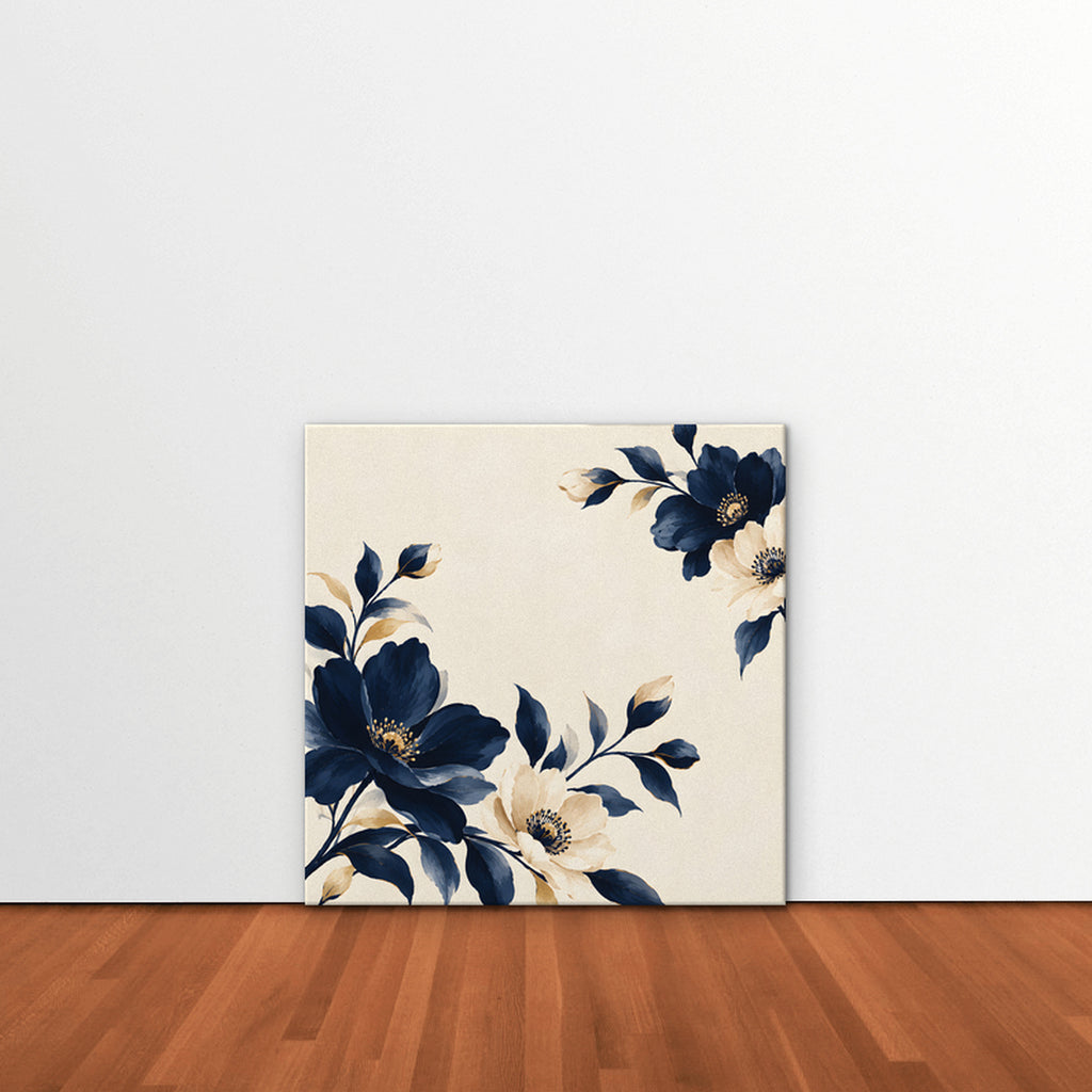 Navy Cream Blossoms Canvas Art - Square – Stretched Canvas Only in room setting