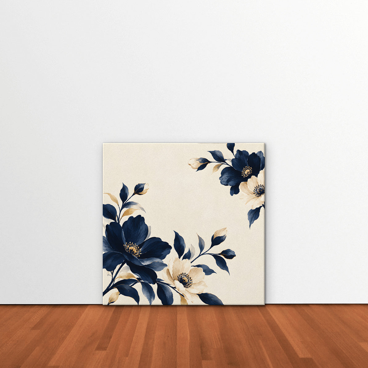 Navy Cream Blossoms Canvas Art - Square – Stretched Canvas Only in room setting